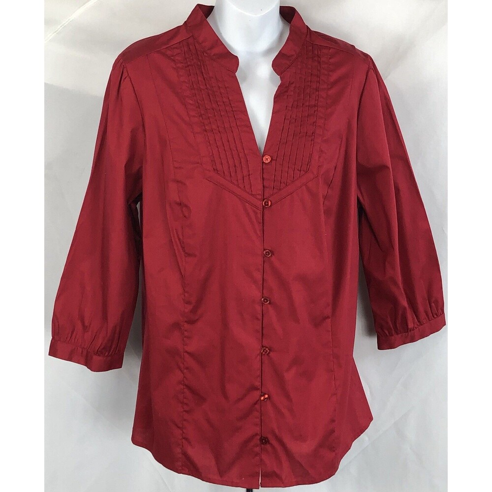 St johns bay Top 1X Red Button Up Pleated 3/4 Sleeves Mock Collar career Holiday